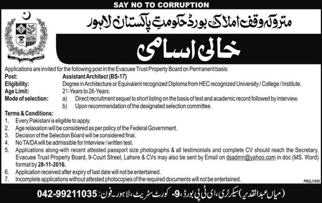 Latest Assistant Architect Jobs in Evacuee Trust Property Board Lahore