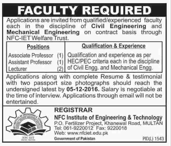 Latest Jobs in NFC Institute of Engineering and Technology Multan Pakistan
